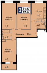 Трёхкомнатная квартира 89.4 м²