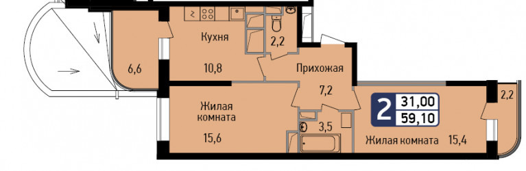 Двухкомнатная квартира 59.1 м²