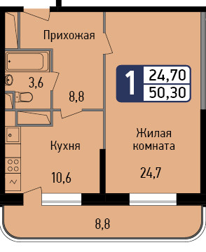 Однокомнатная квартира 50.3 м²