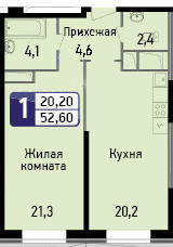 Однокомнатная квартира 52.6 м²