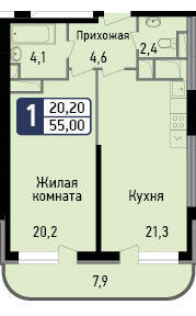 Однокомнатная квартира 56 м²