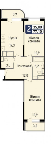 Двухкомнатная квартира 77.1 м²