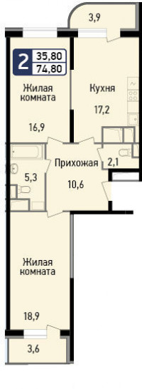 Двухкомнатная квартира 74.8 м²