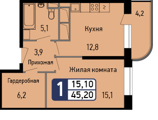Однокомнатная квартира 45.2 м²